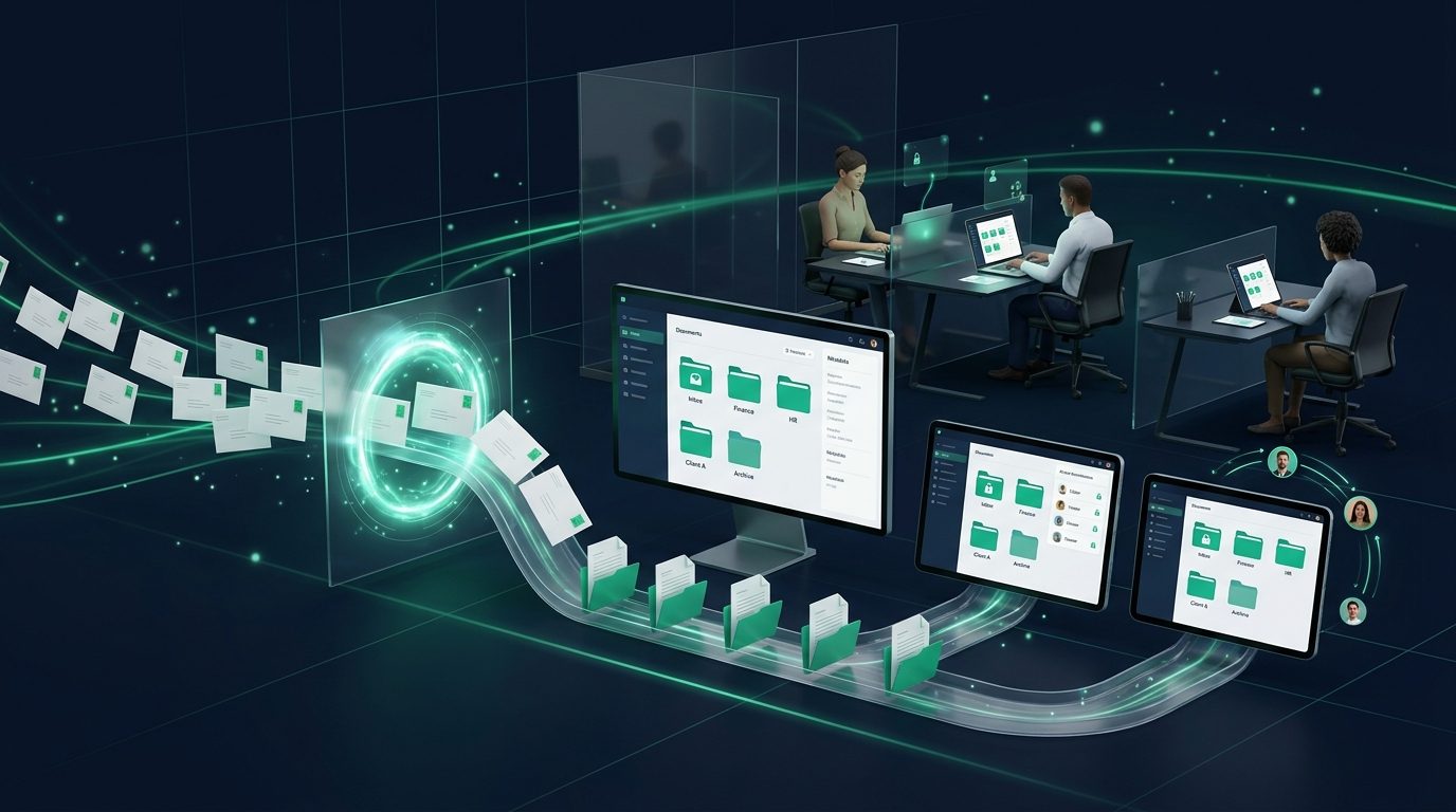 Illustration zeigt digitalen Posteingang mit sicher organisierten Dokumenten in verschiedenen Kategorien und Team-Zugriff