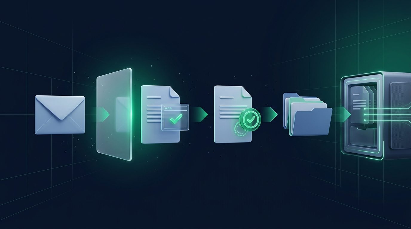 Stilisierte Darstellung eines digitalen Dokumentenwegs vom Posteingang über Prüfung und Freigabe bis zur sicheren Ablage in einem strukturierten System.