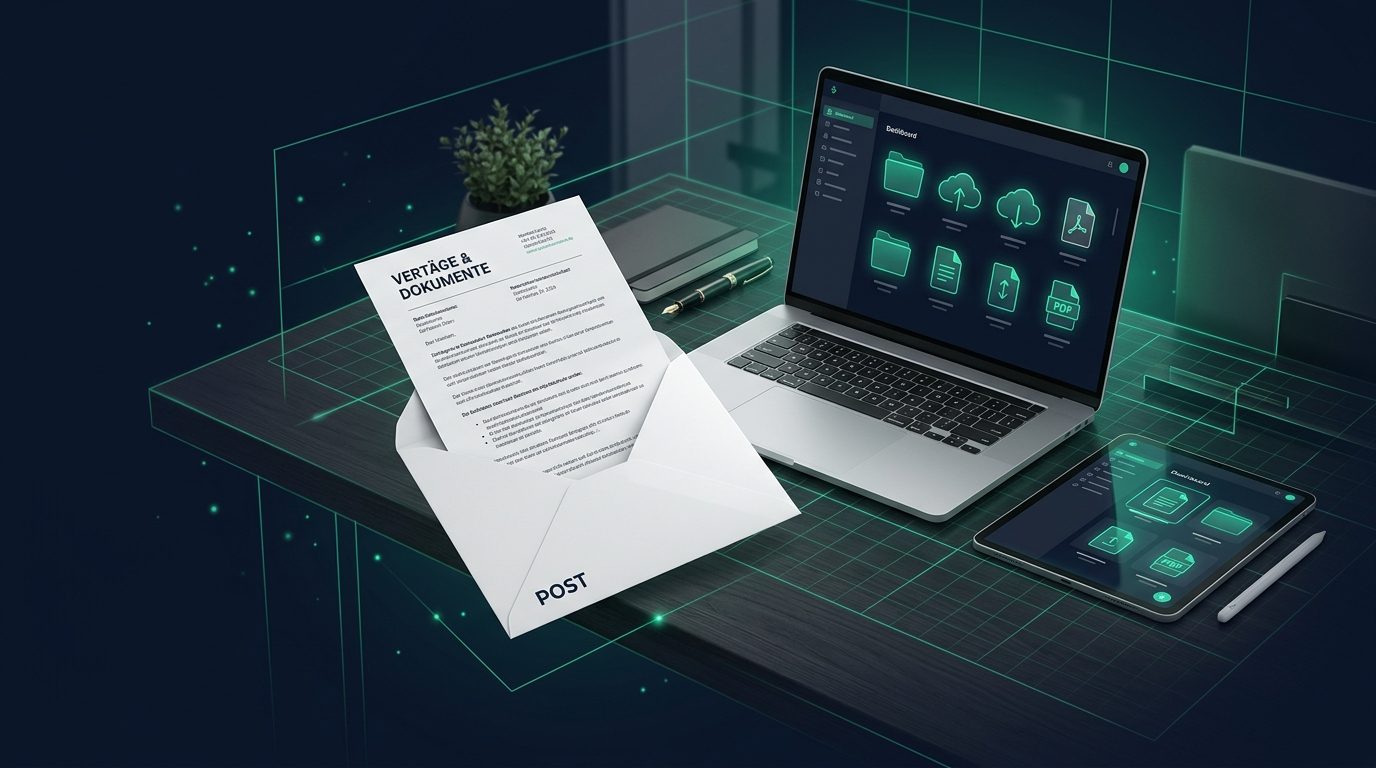 Geöffneter Briefumschlag mit herausragendem Dokument auf einem Schreibtisch, im Hintergrund Laptop und Tablet, die einen digitalen Dokumentenworkflow symbolisieren.
