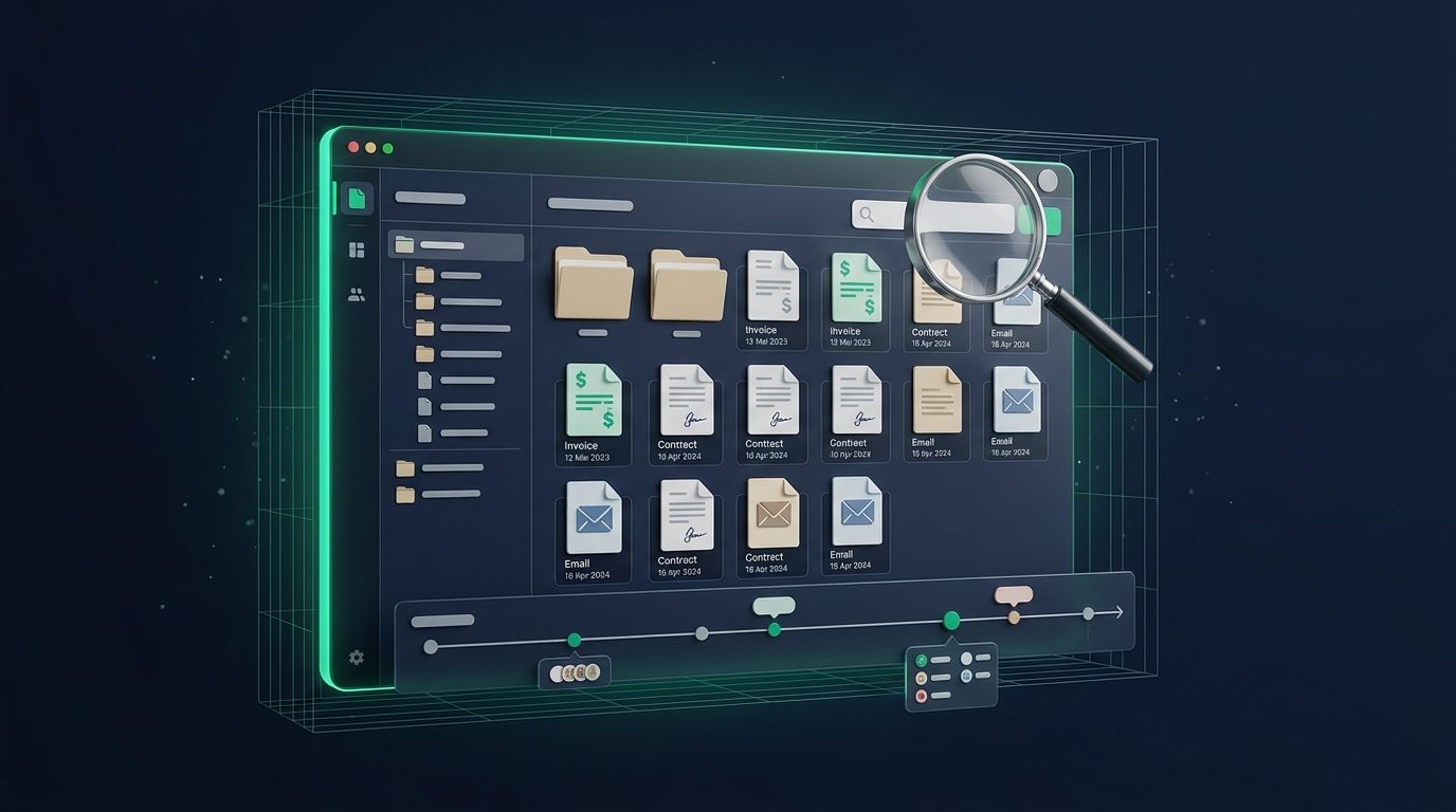 Strukturierte digitale Dokumentenablage mit Ordnern, Suchfunktion und Zeitstrahlen zur revisionssicheren Archivierung von Geschäftsunterlagen.