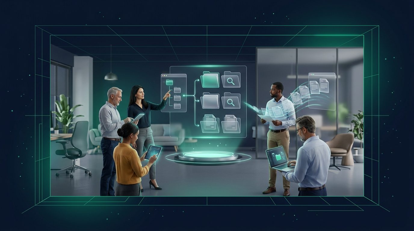 Mehrere Personen stehen vor einem digitalen Archiv und suchen gemeinsam nach Dokumenten, während im Hintergrund Ordner und Dateisymbole symbolisch schweben.