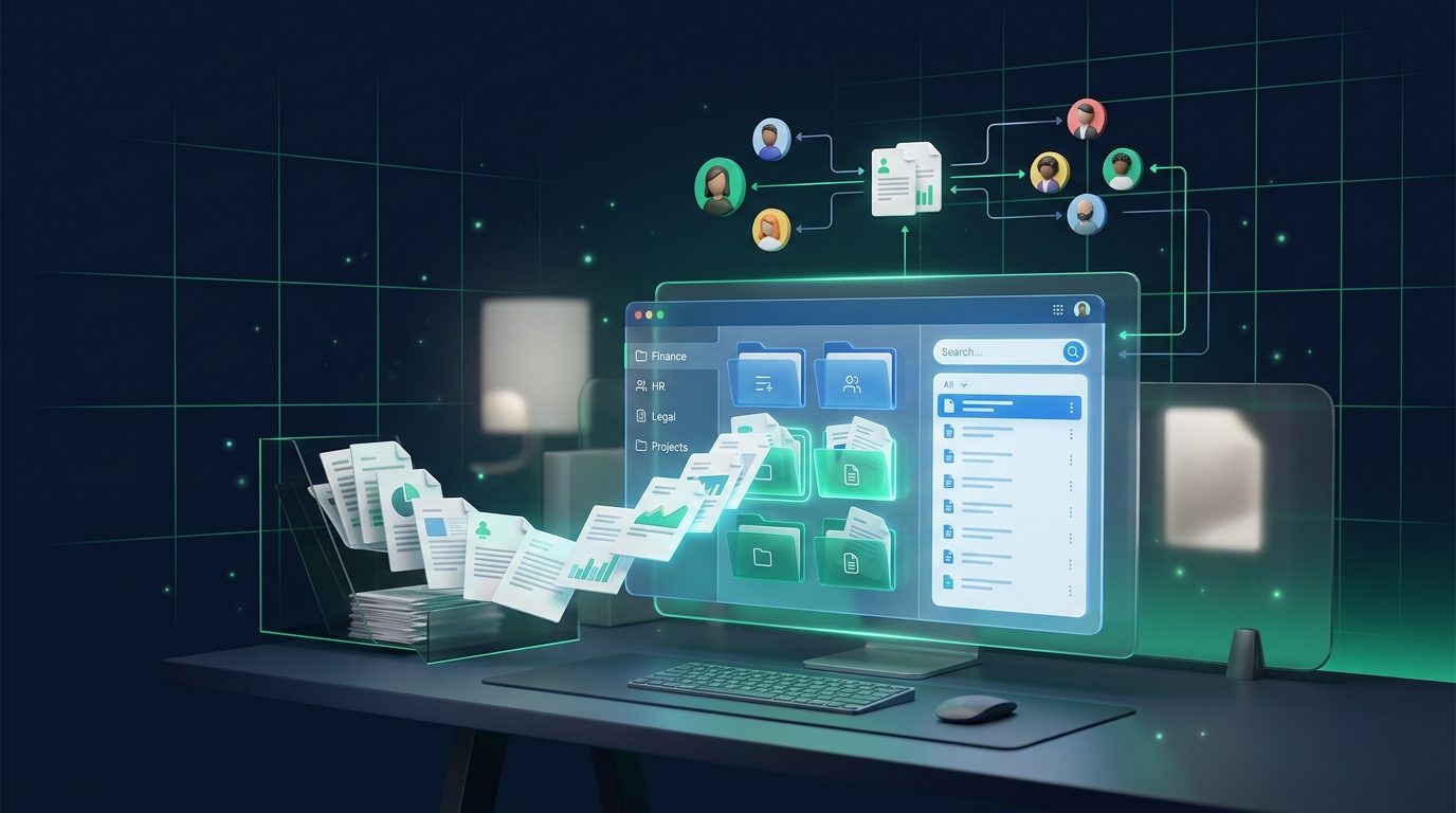 Ein übersichtlicher digitaler Arbeitsbereich mit strukturierten Dokumenten und klaren Zuordnungen im Team.