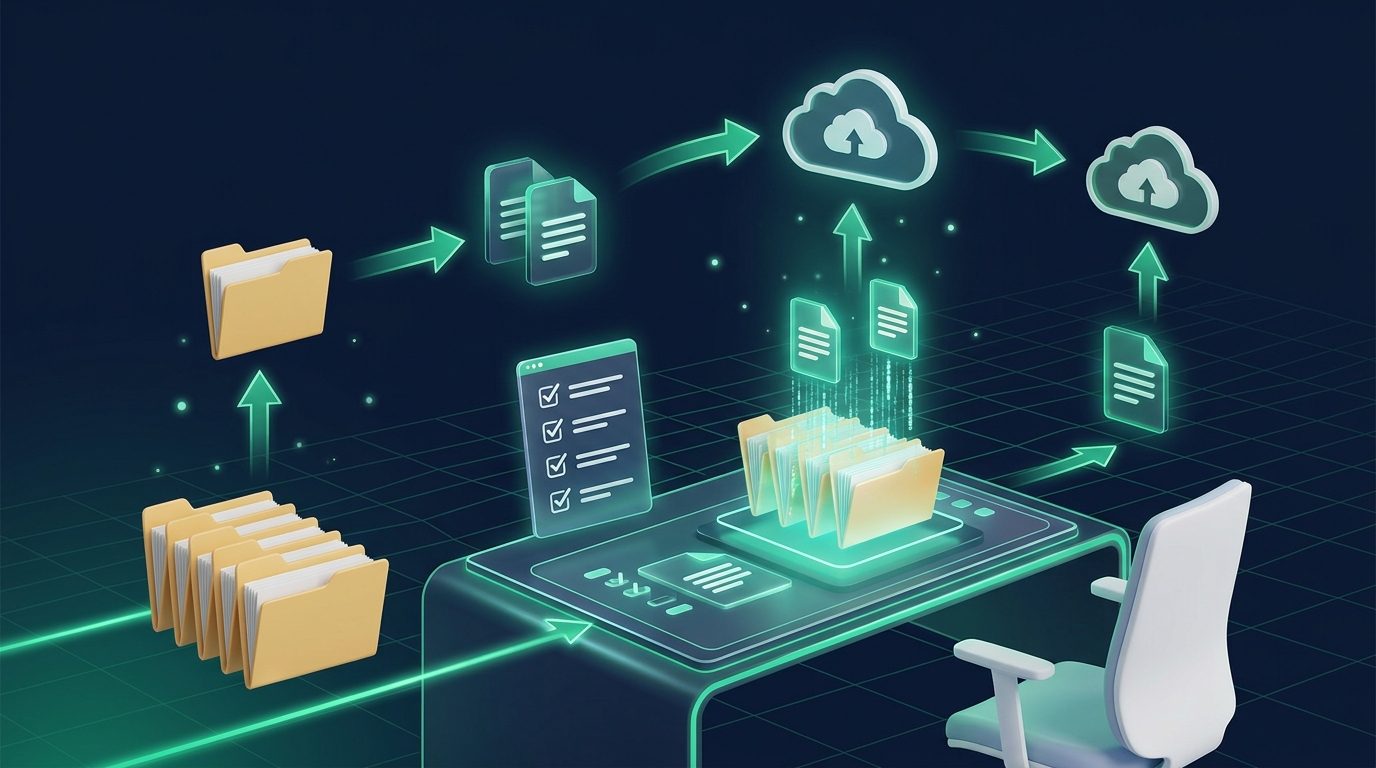 Strukturierte Checkliste mit digitalen Dokumenten, Ordnern und Workflow-Symbolen für die Einführung eines papierlosen Büros