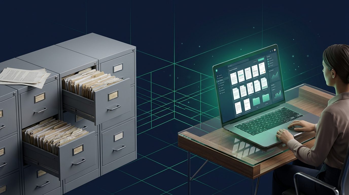 Ordner und digitale Bildschirmanzeige symbolisieren den schrittweisen Übergang von Papierablage zur digitalen Dokumentenverwaltung.