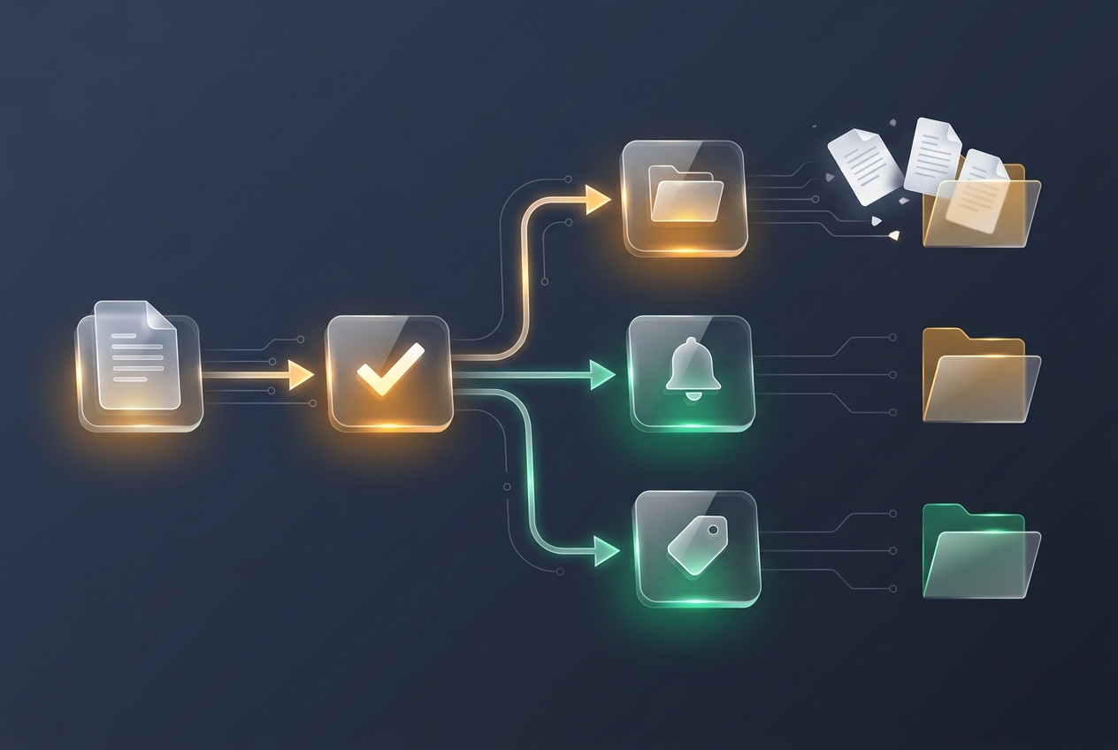 Illustration eines Wenn/Dann-Automatisierungs-Workflows: Ein Dokument fließt durch eine Bedingungs-Prüfung und verzweigt zu Ordner-, Erinnerungs- und Umbenennen-Aktionen.