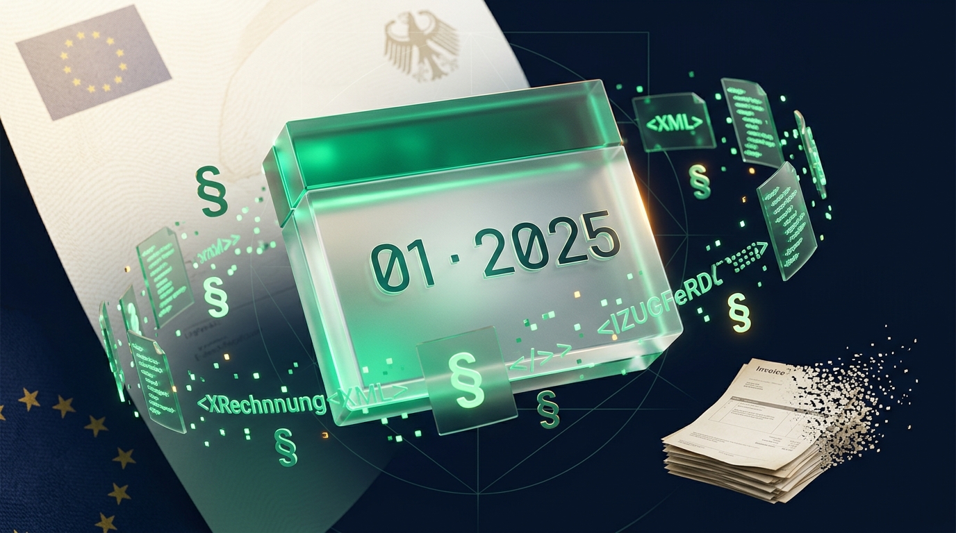Symbolbild zur E-Rechnungspflicht 2025 – Kalenderdatum 01/2025 aus Glas und Licht, umgeben von XRechnung-XML-Fragmenten und Paragraph-Symbolen, im Hintergrund lösen sich Papierrechnungen in Pixel auf.